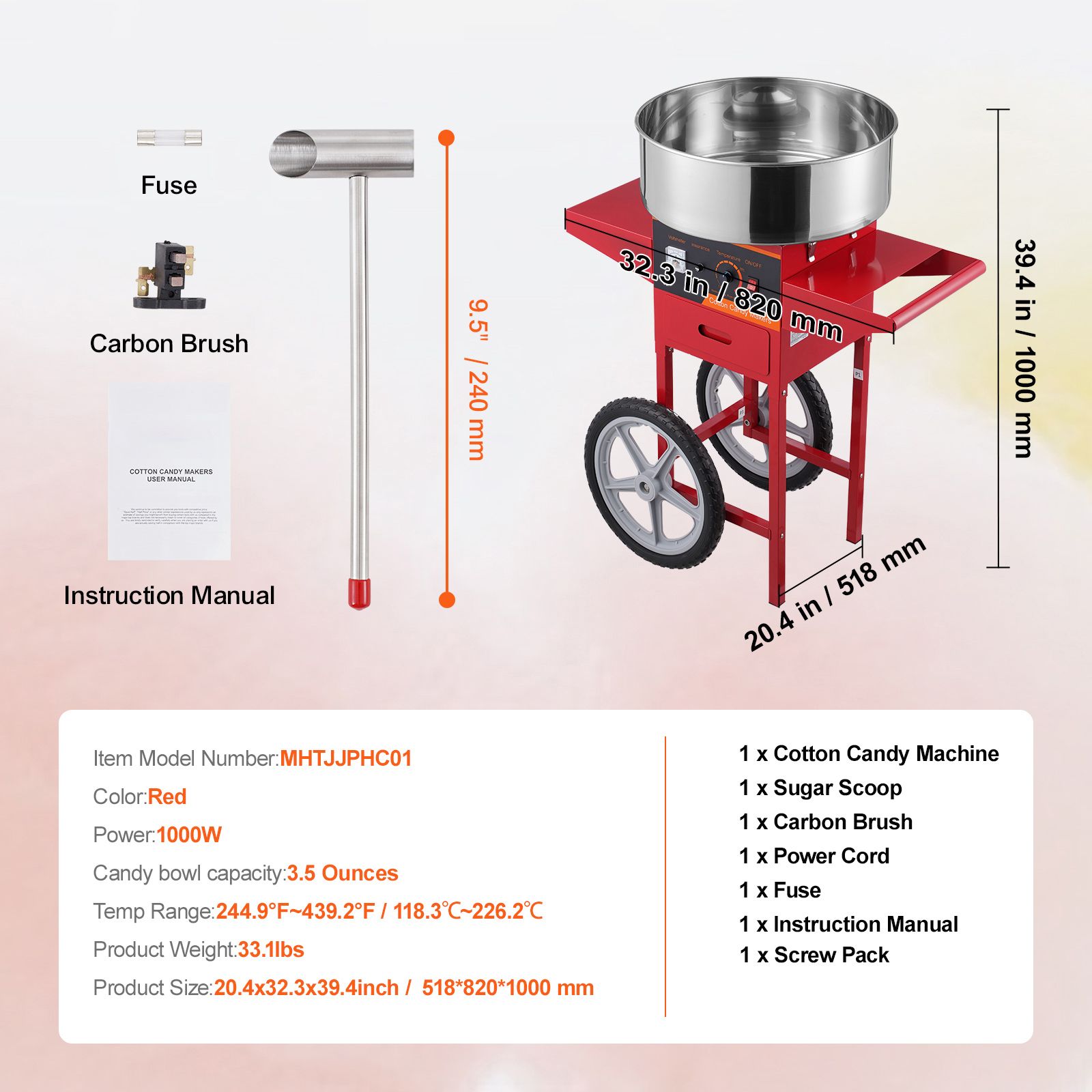 Commercial Cotton Candy Machine Cart - Elektrische suikerspinmachine met kar, 1000W commerciële