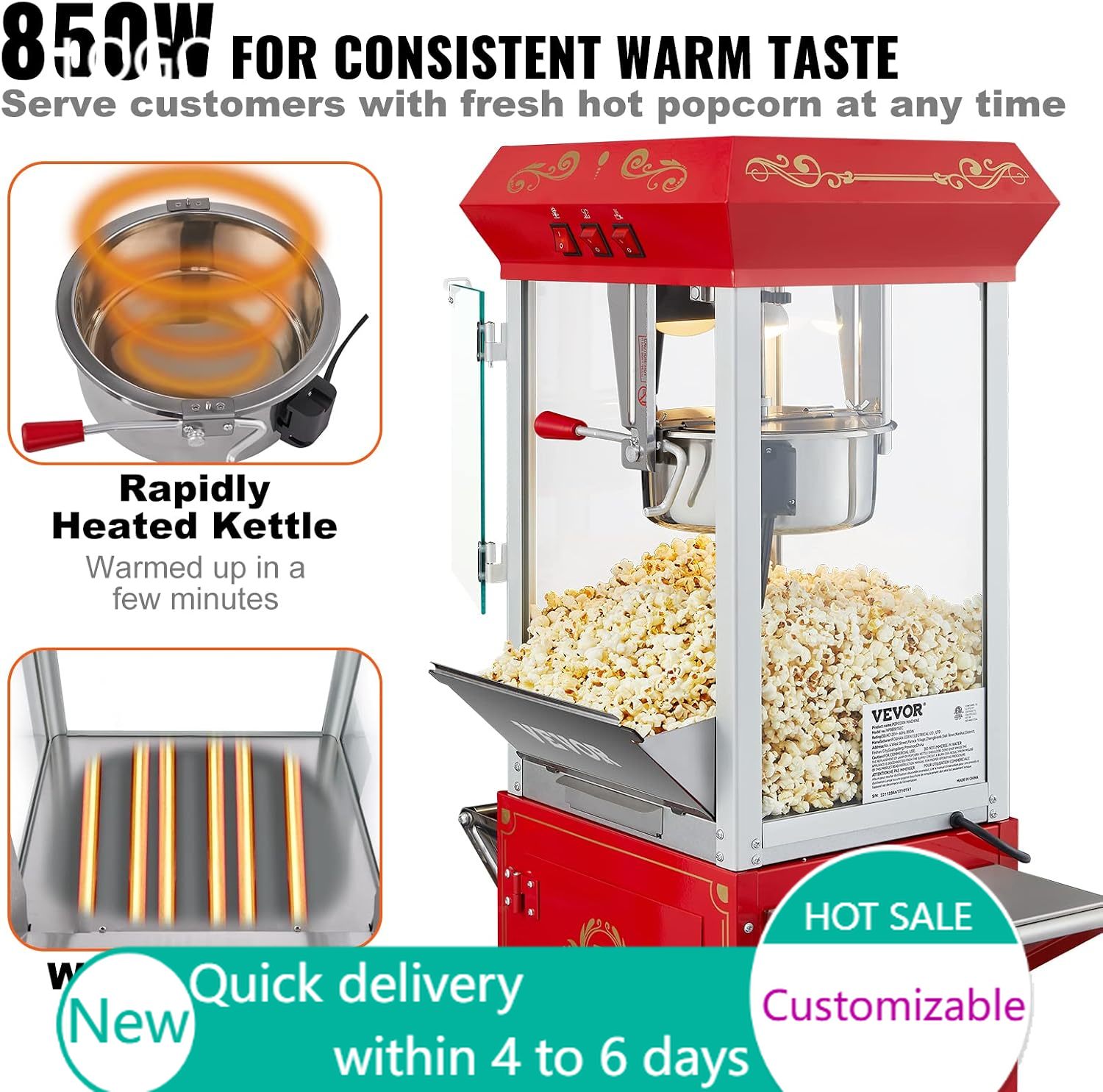 Commercial Popcorn Maker 8Oz - Commerciële popcornmachine, 8 oz ketel, 850